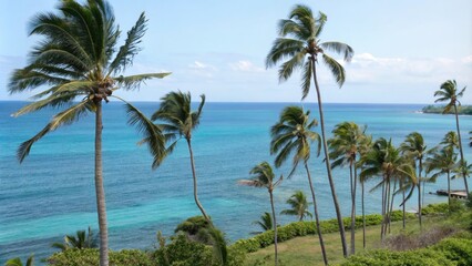 Fototapeta premium Serene tropical ocean landscape with swaying palm trees, beach scenery, palm fronds, island getaway, film grain