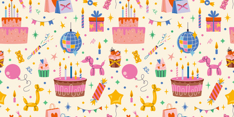 Birthday Seamless pattern with Festive decor like celebration cake with candles, balloons, sweets, gifts, garland and stars. Trendy modern vector illustration on light background, hand drawn, flat