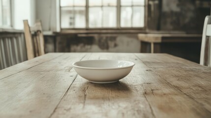 Empty white bowl on rustic wooden table in a room with large windows.