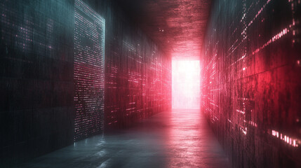 Digital data storage concept with glowing server and binary code minimalistic design bright tone modern technology with blurred background and empty caption space

