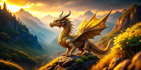 Fototapeta premium Miniature Golden Dragon Pixel Art, Fantasy Landscape, Tilt-Shift Photography
