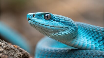 Obraz premium Snake's closeup face with a blue viper snake, reptile facial structure, scale pattern