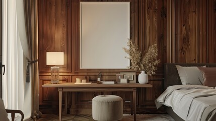 A blank white picture frame hangs on the wall of an elegant and modern bedroom