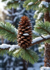 Snow-capped pine tree branch with a solitary pinecone, snow-covered, evergreen