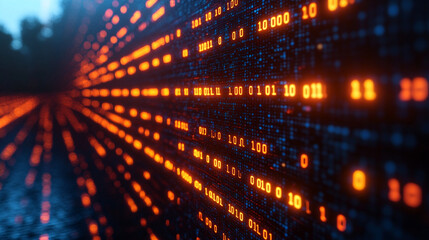 Digital data storage concept with glowing server and binary code minimalistic design bright tone modern technology with blurred background and empty caption space

