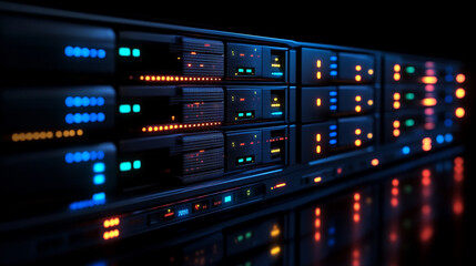 Digital data storage concept with glowing server and binary code minimalistic design bright tone modern technology with blurred background and empty caption space

