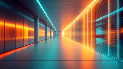 Digital data storage concept with glowing server and binary code minimalistic design bright tone modern technology with blurred background and empty caption space

