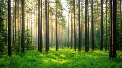 Obraz premium Lush Green Forest with Sunlight Filtering Through Tall Trees