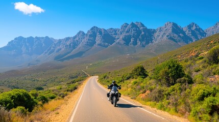 Scenic Motorcycle Ride on Open Road Against Majestic Mountain Range