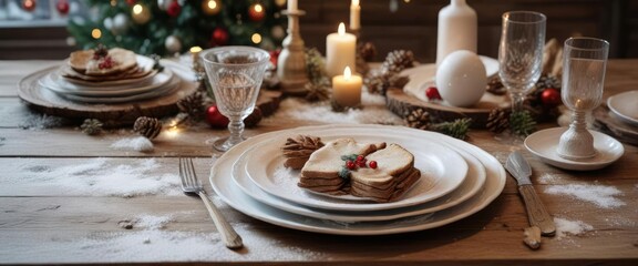 Snow-covered wooden table with Christmas decorations, empty plates and utensils laid out, snowy kitchen table, holiday entertaining, holiday table setting