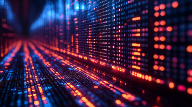Digital data storage concept with glowing server and binary code minimalistic design bright tone modern technology with blurred background and empty caption space