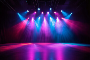 Concert stage illuminated with neon lights. Futuristic podium with glowing lines and laser rays, modern showcase with vibrant colorful lights