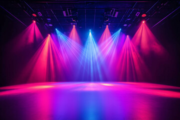 Empty stage with neon lights. Futuristic night or concert club space with glowing lines and...