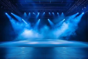 Concert stage with blue spotlights. Background with illuminated scene for music festival, theater or cinema performance. Blue lights and smoke backdrop