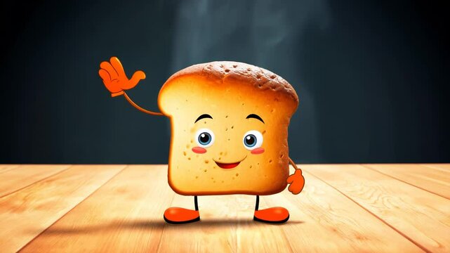 Cartoon toast or piece of bread character waving hands in greetings. Freshly baked bread mascot