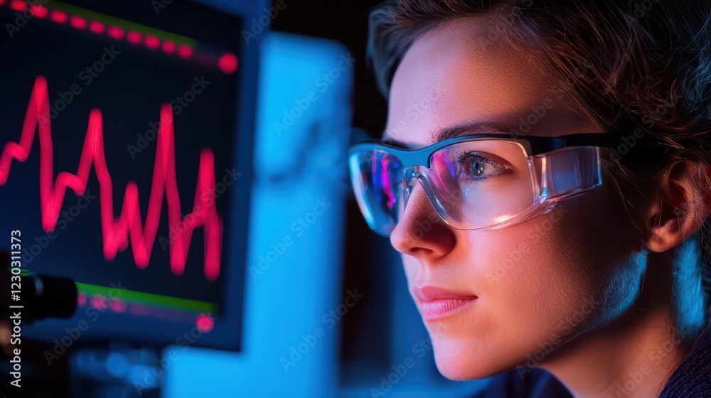Poster focused scientist analyzing data on computer screen in laboratory