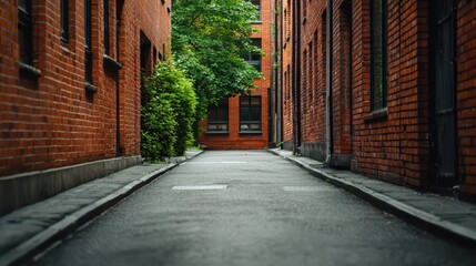 Fototapeta premium Narrow Cobblestone Alleyway Surrounded by Red Brick Buildings