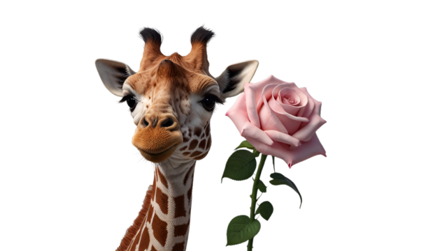 portrait of a giraffe on a transparent background. pink rose on a transparent background