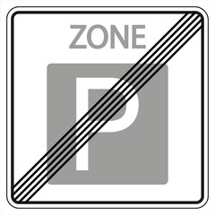 Parking zone ending, indicated by crossed-out p symbol on gray square sign