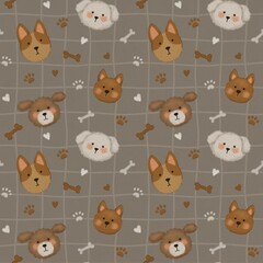 Cute cartoon dogs nursery seamless pattern, puppy faces, raw, bone, grids, beige background