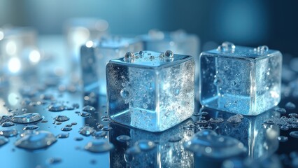Fresh ice cubes melting on a reflective wet surface with scattered water droplets	