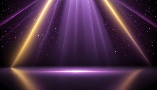 Rayos de luz morados y amarillos brillantes que brillan desde la parte superior del marco contra un fondo oscuro y estrellado