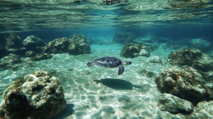 Fototapeta premium Majestic Sea Turtle Swimming Gracefully in Crystal Clear Waters