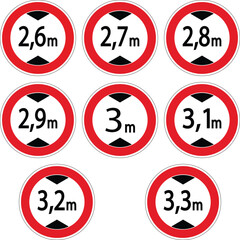 Nine red and white height restriction road signs indicating maximum vehicle heights ranging from 2.6 meters to 3.3 meters