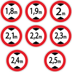 Nine height restriction traffic signs indicating different height limits from 1.8 meters to 2.5 meters
