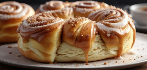 Soft and fluffy cinnamon bun topped with a crunchy sugar topping , sweet, sugary