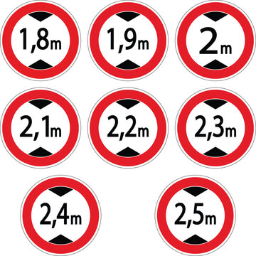 Nine height restriction traffic signs indicating different height limits from 1.8 meters to 2.5 meters