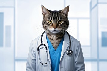 The cat is wearing a blue doctor's uniform