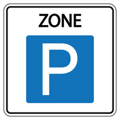 Blue and white parking zone sign indicating a designated area for vehicle parking