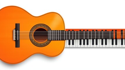 Obraz premium Orange Acoustic Guitar and Piano Keyboard Fusion on White Background