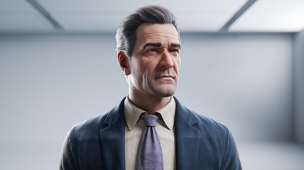 Fototapeta premium A pensive middle-aged man in a suit, thoughtful expression, against a muted background.