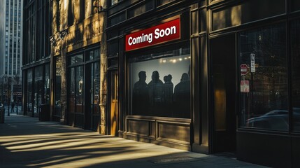 Shadowy figures in storefront window with "Coming Soon" sign.