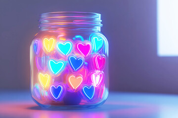 A glass jar filled with glowing neon heart shapes in vibrant colors on a soft gradient background. Concept of love, light, and creativity, Valentine's Day, holiday
