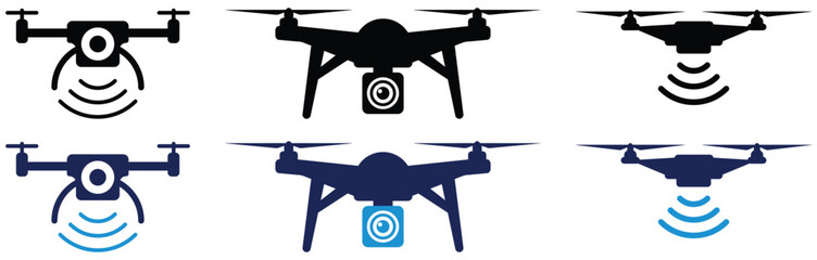 Drone Icon set Isolated. Civilian aerial Drone, Tricopter, Quad copter, Hex copter flat icon set. Fast delivery, remote control, city map navigation, action camera, radar screen, radio antenna.