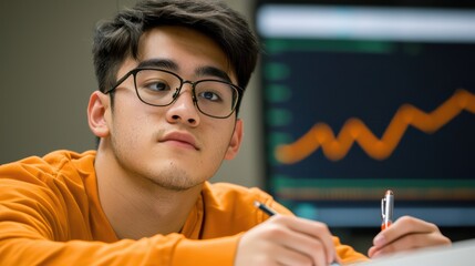 Young Man in Glasses Analyzing Data Trends in Modern Classroom Setting