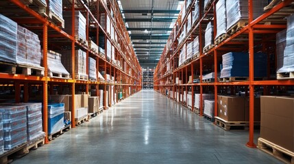 Warehouse Interior with Rows of Orange Shelving and Stacked Boxes
