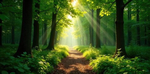 Serene forest path illuminated by dappled sunlight filtering through trees, trees, peaceful, sunlight