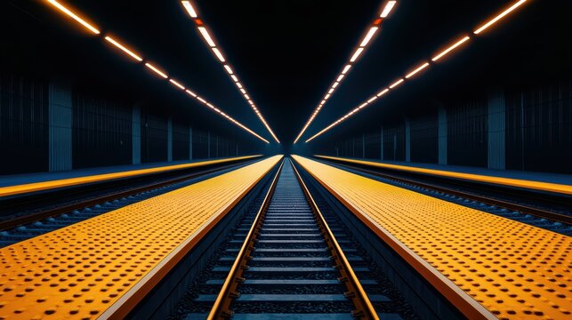 Dark Subway Tunnel with Radiant Yellow Platform and Parallel Tracks