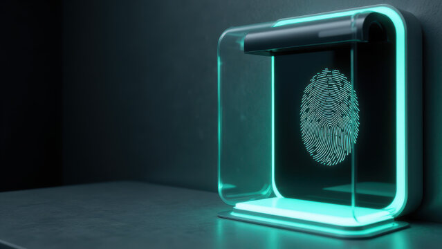 This is a futuristic-looking thumbprint sensor with a glowing blue light accent, used to authenticate users for secure access.