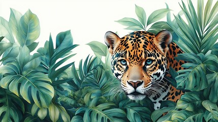 Majestic jaguar peering through lush tropical foliage in a vibrant jungle setting