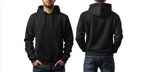 A man with flat tidy black hoodie sweatshirt, and using jeans template for design on a white background, front and back view isolated white background for mockup concept