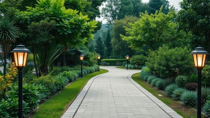 Obraz premium pathway lined with solar-powered lights and lush greenery, decorative lighting, festive illuminations, architectural details