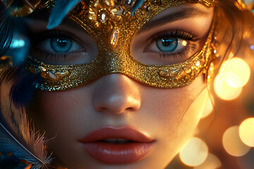 Mysterious young woman in ornate gold mask with blue eyes and feathers, Mardi Gras