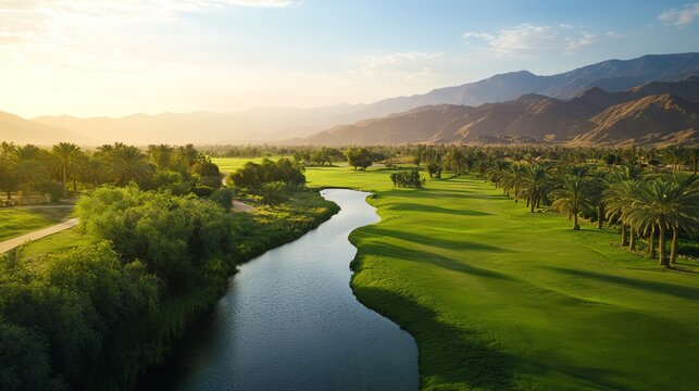 Scenic view of lush green golf course landscape.