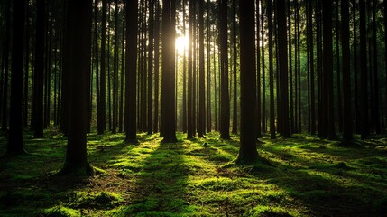 Obraz premium Sunlight filtering through a dense green forest.