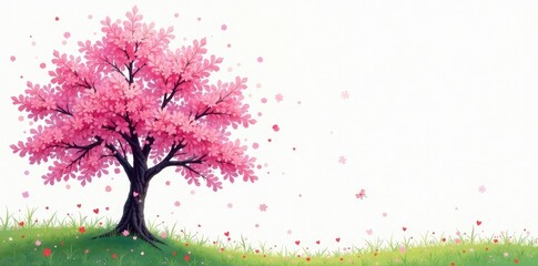 Pink spring trees with green leaves against a white background, colorful, pastel colors, blossoms